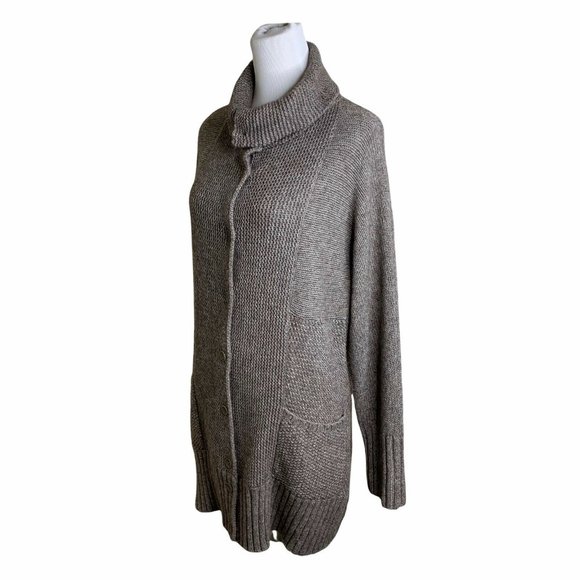 Eileen Fisher Beige Melange Front Pockets High Neck Long Sweater Cardigan M - Picture 7 of 10